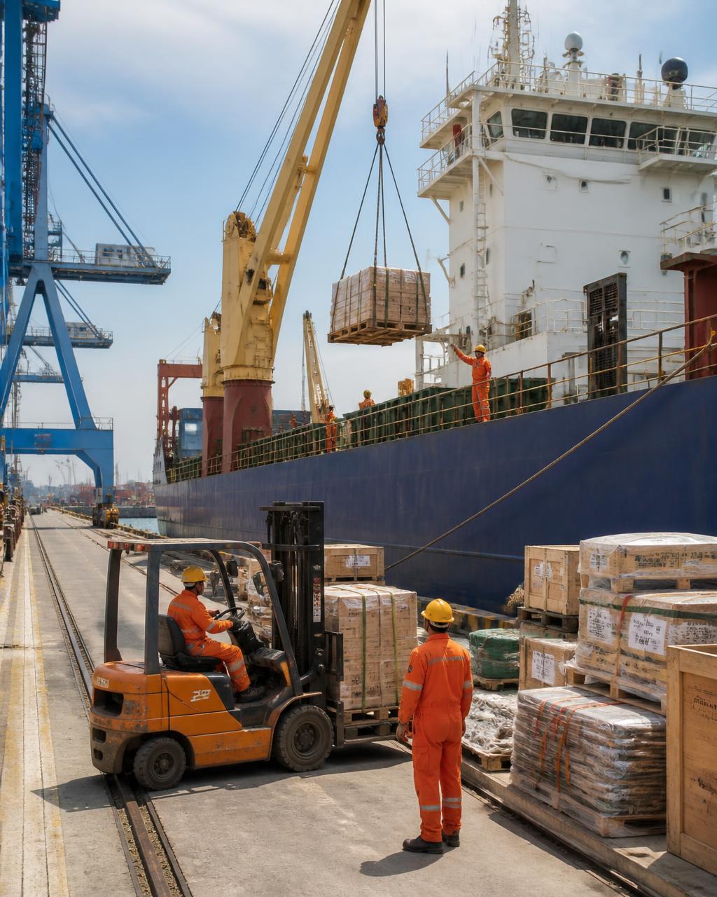 Crew loading provisions and deck stores onto a commercial vessel at port